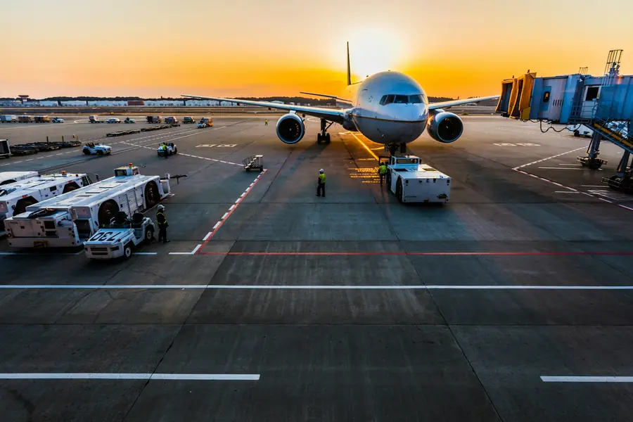 Aircraft on the airport apron at sunset with ground-service vehicles