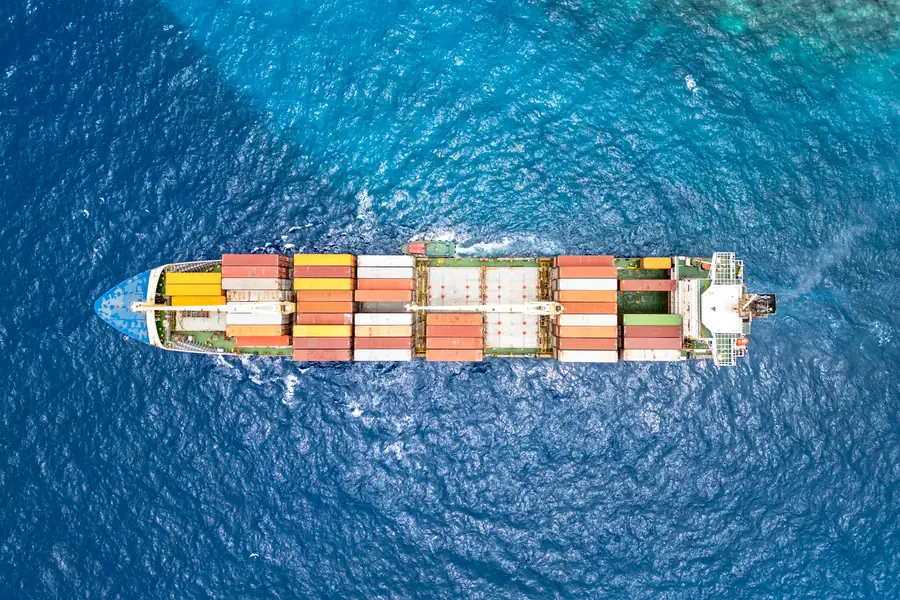 Aerial view of a container ship at sea
